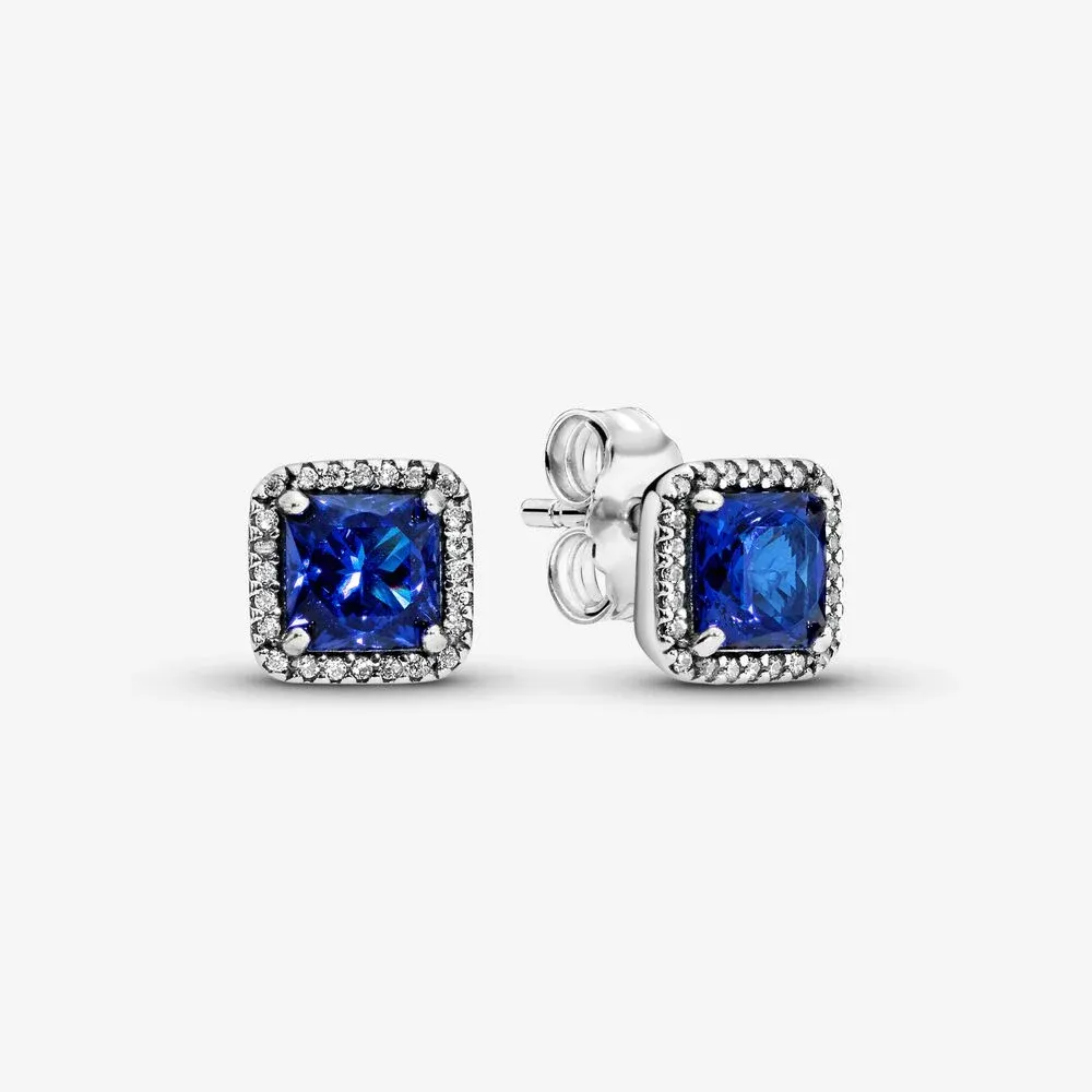 Blue Square Sparkle Halo Stud Earrings