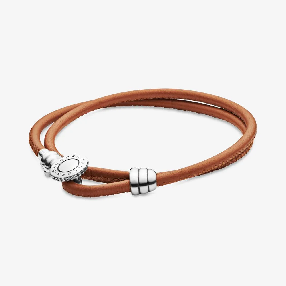 Golden Tan Double Leather Bracelet, Clear CZ